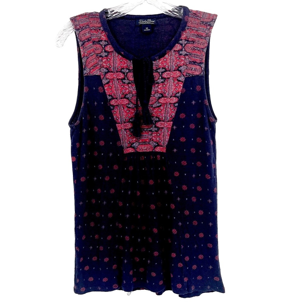 LUCKY BRAND Women's Sz XS Navy Blue Printed Tie-Neck Sleeveless Top Tank Stretch